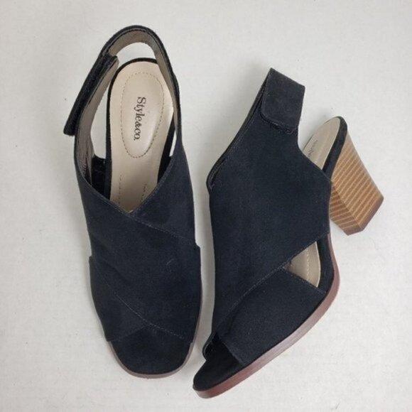 Style & Co Danyell Black Open Toe Velcro Heels 6.5 - Picture 2 of 9